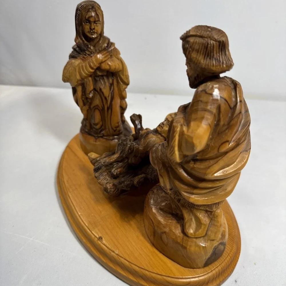 Hand Carved Olive Wood Nativity Scene Holy Family Manger Set on Wooden Base
